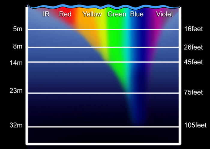 Maximum depth at which various colours